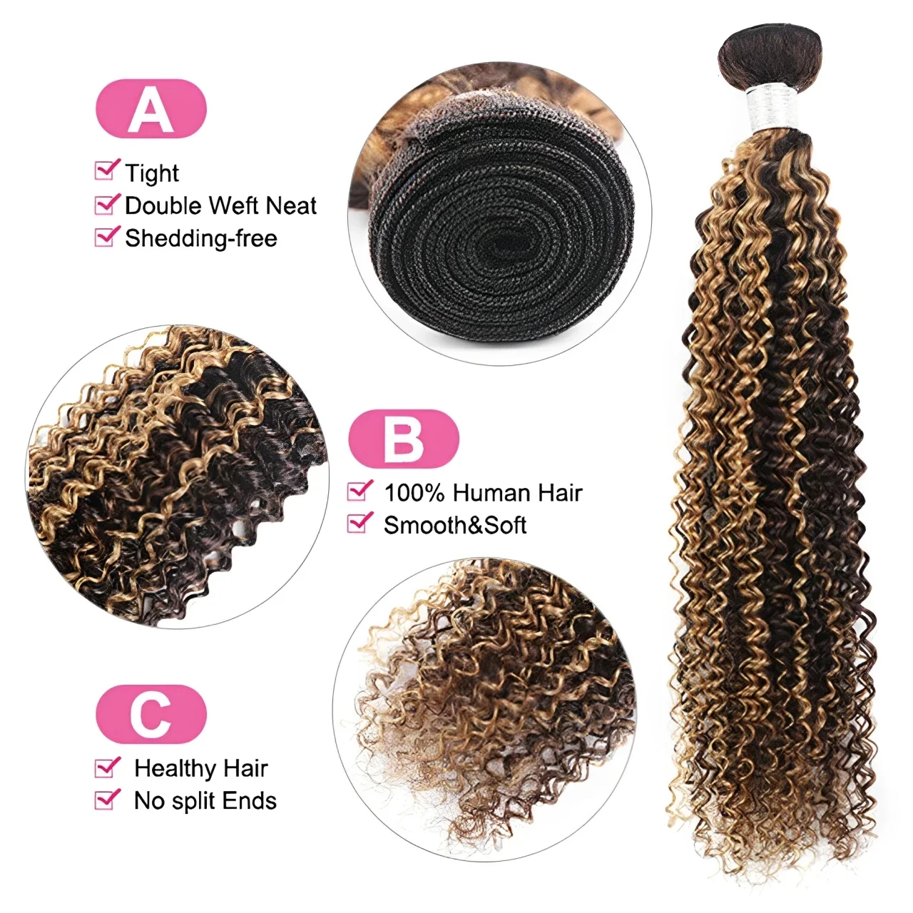 Sleek Highlight P4/27 Jerry Curly Human Hair Weave Bundles Kinky Curly Honey Blonde Brazilian100% Raw Human Hair Bundles