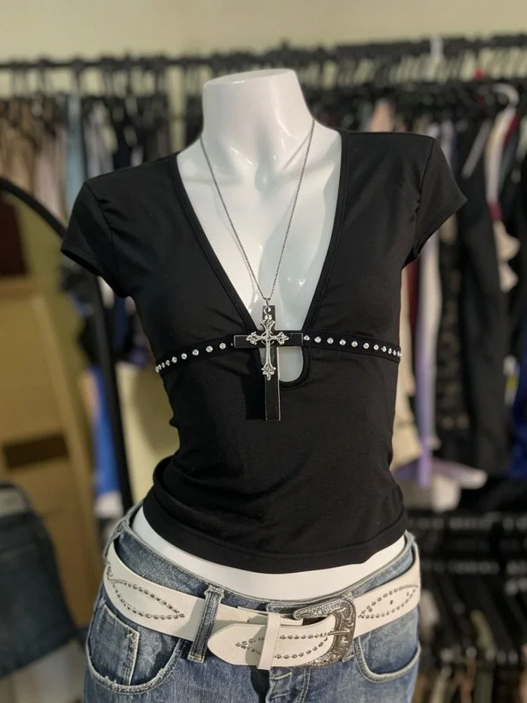 Black Deep V Rhinestone Cross Pendant Short Sleeve Top Hollow Slim Y2K Women T Shirt