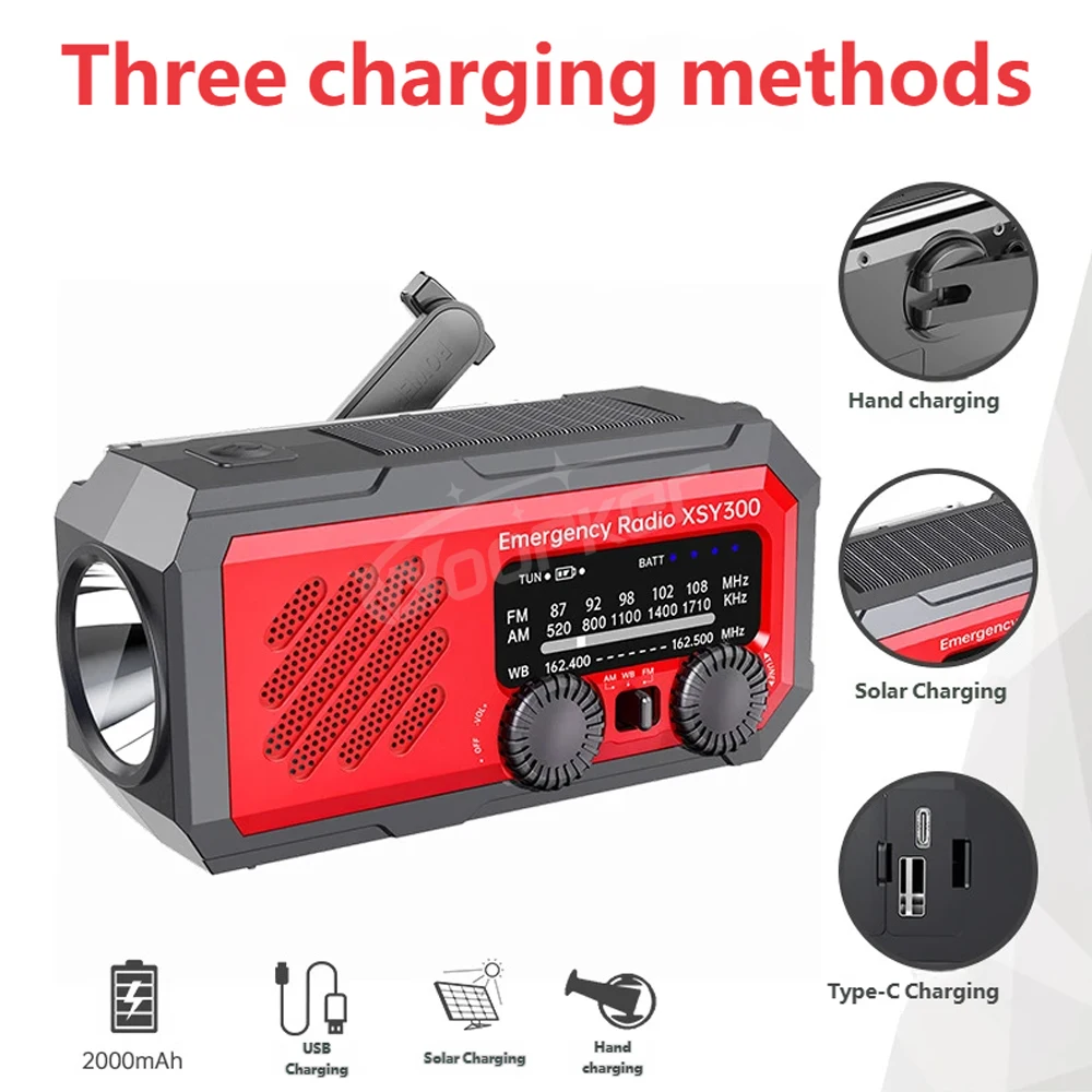 Woopker Emergency Radio XSY-300 Multifunctional Solar Hand Radio 2000mAh FM/AM/WB Mobile Power Supply Suitable for Wild Camping