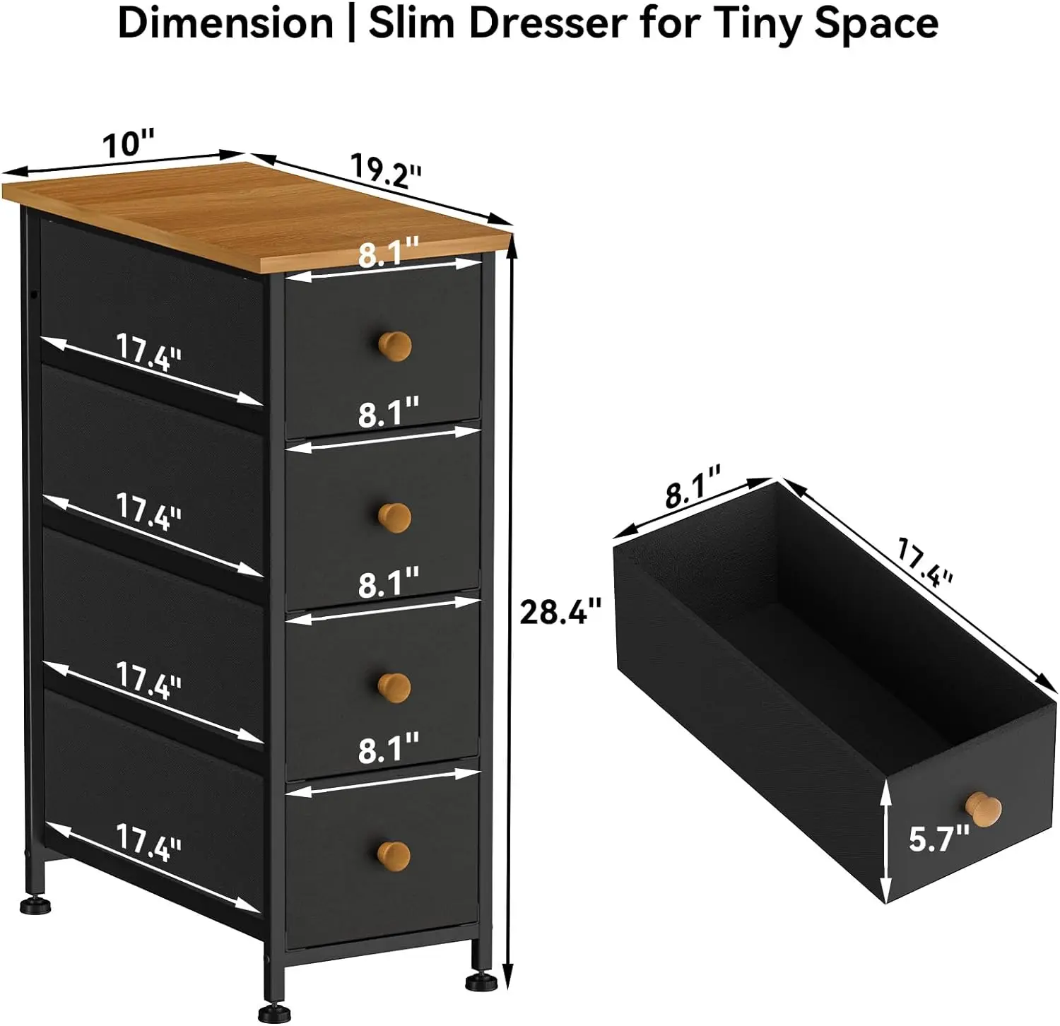 Narrow Dresser Storage Tower with 4Drawers,Slim Dresser Chest of Drawers with Steel Frame,for Bedroom, Bathroom, Laundry, Closet