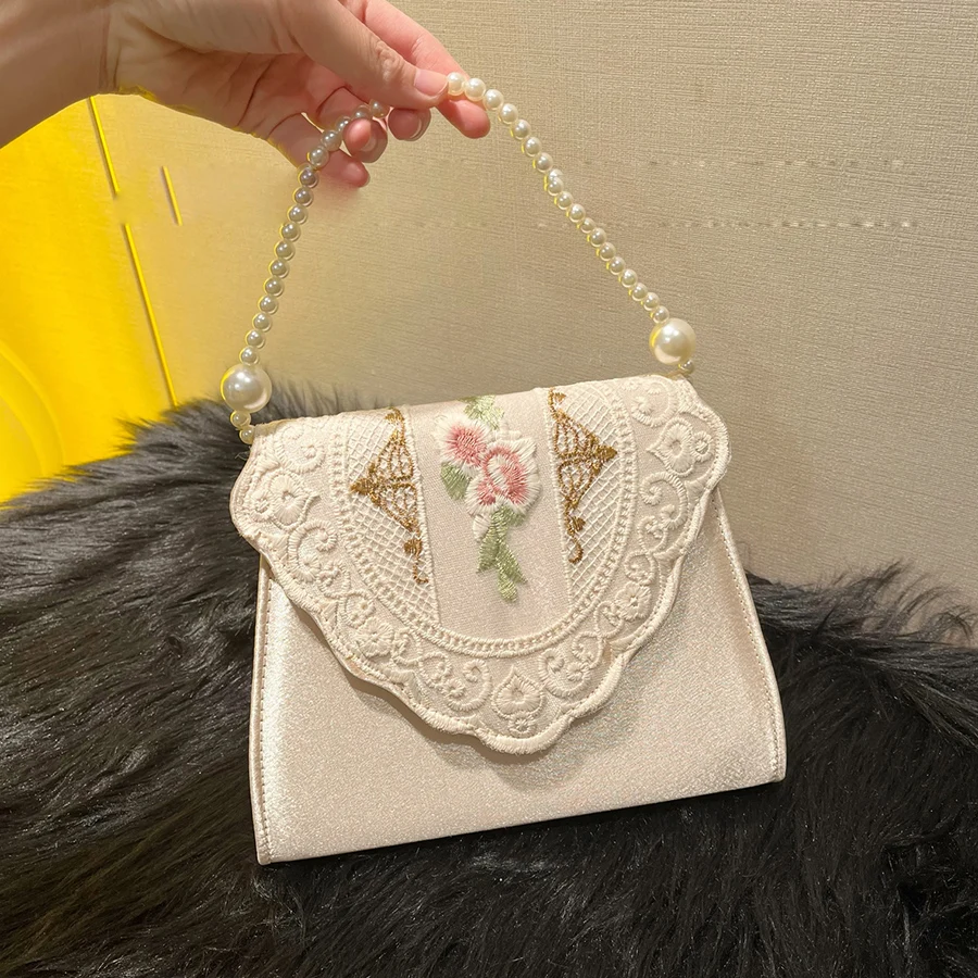 

Retro Imitation pearl chains women's bag satin lace flower embroidered Totes bag flip small square bags clutch party dinner bags