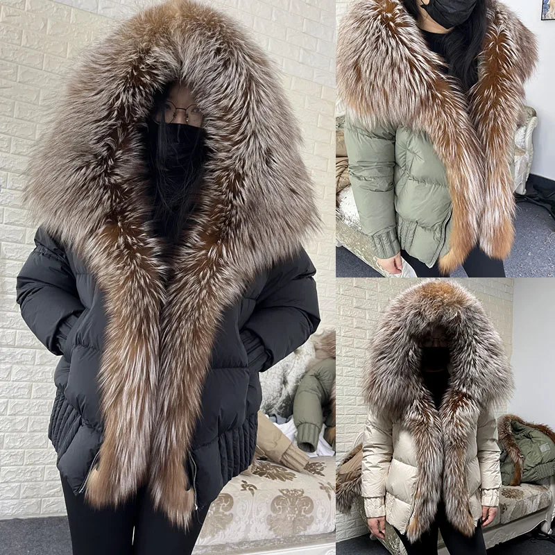 MAOMAOKONG 2024 Winter Women Warm White Duck Down Jacket Natural Real Fox Fur Collar Hood Puffer Coat Thick Luxury Outerwear