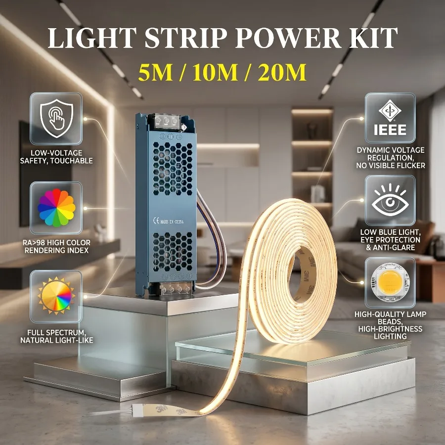 5M/10M/20M Suit Ultra Thin COB LED Strip Linear Tape Light with Power Transformer 2Pin Wire for Home Cabinet Engineering Decor