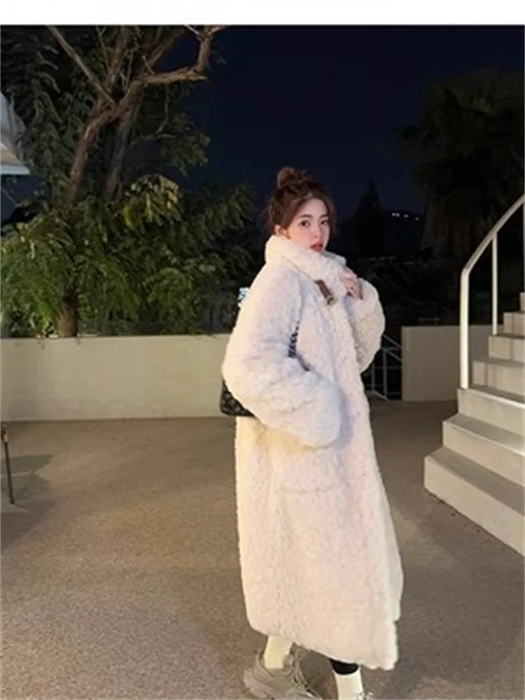 Temperament Add Plus Velvet  Padded Warm Lamb Fur Coat Ladies Stand Collar Loose Long Over The Knee Outerwear Women