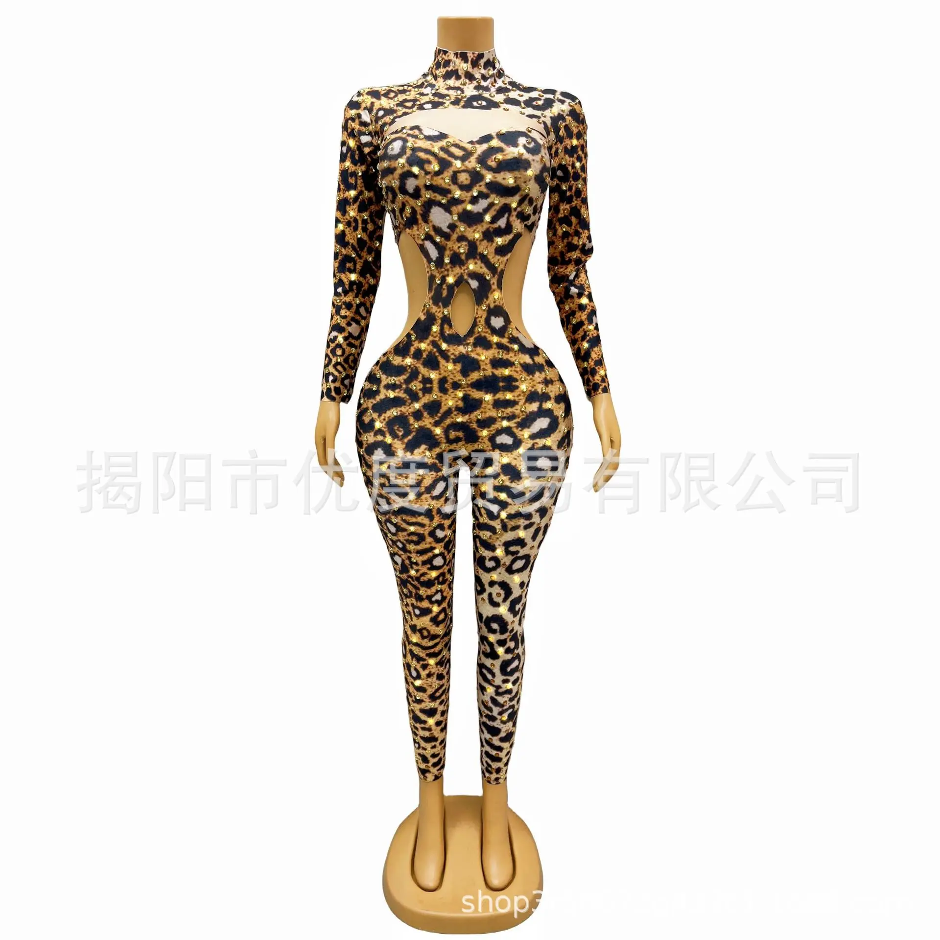 

Hollow Waist Tight One-piece Sexy Perspective Mesh Birthday Party Party Dance Night Leopard Vestido De Gala Noche Mujer Elegante