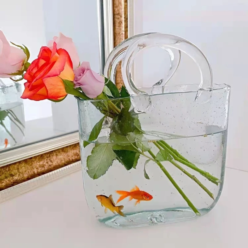 Clear Glass Vase Fish Tote Bag Flower Handbag Bag Vase Desktop Centerpiece for School Office Bedroom Decoration