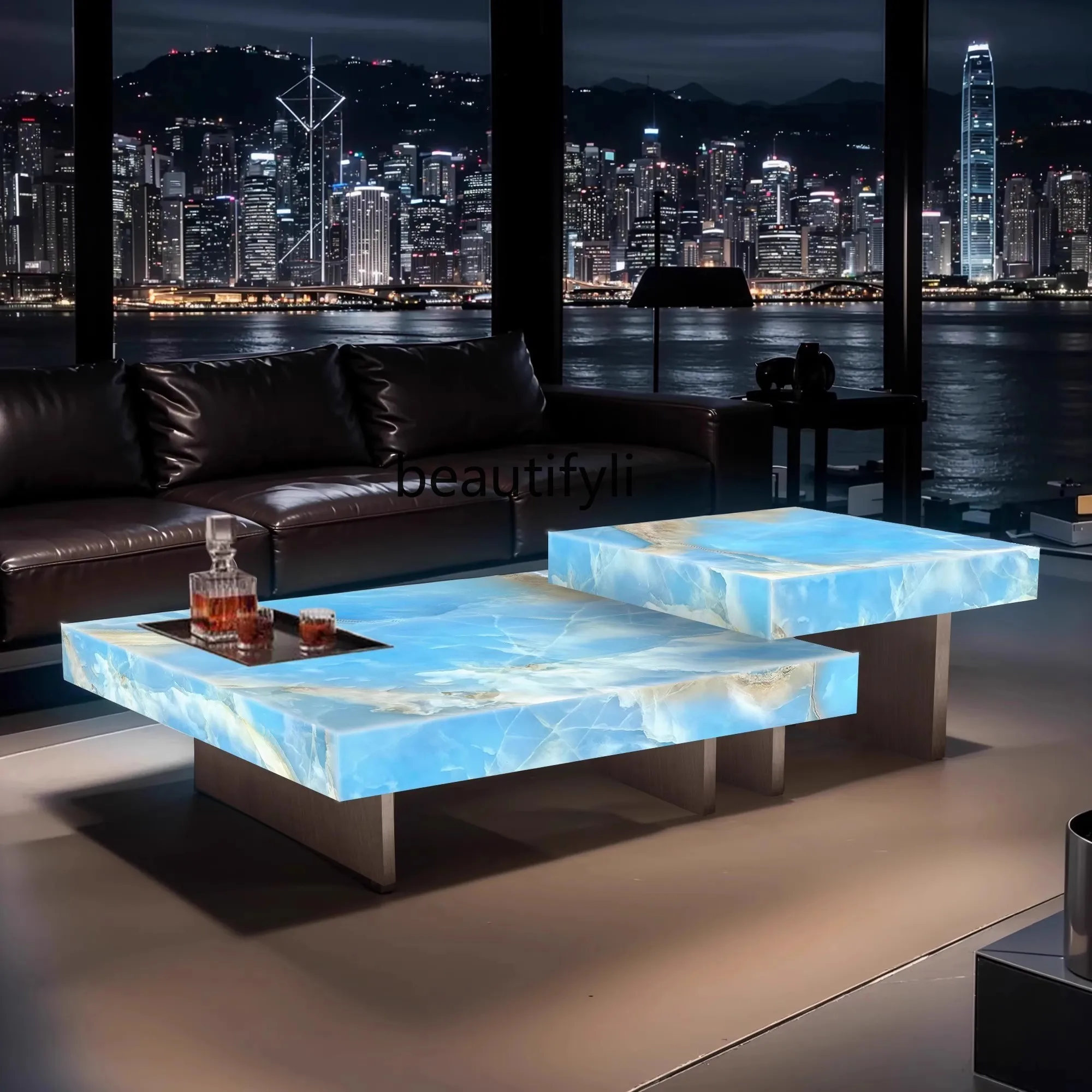 Blue jade luminous box coffee table combination living room square, large flat Nordic, coffee table