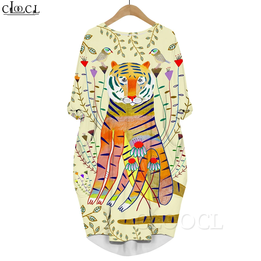 CLOOCL Abito stampato alla moda Divertente cartone animato Tigre Modello floreale Maniche lunghe Abito tascabile Abbigliamento femminile oversize Autunno 2022