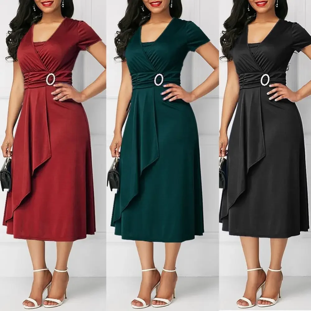 Elegant Women Solid Color Short Sleeve V Neck Asymmetric Hem Waist Tight Midi Party Dress Ladies Evening Vestidos