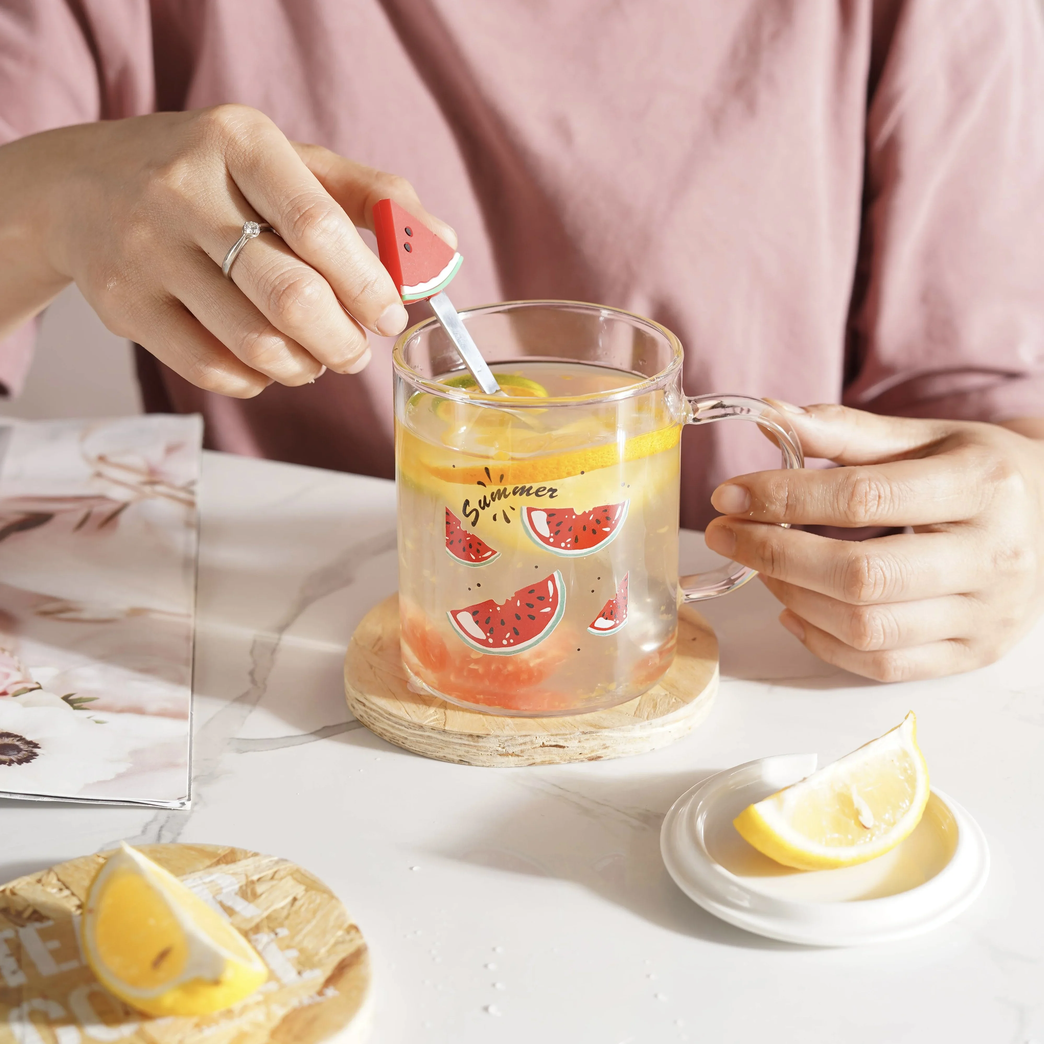 

# Customized Own Brand Glass With Spoon Watermelon Pattern High Milk Tea Water Cup Can Cup Constellation #