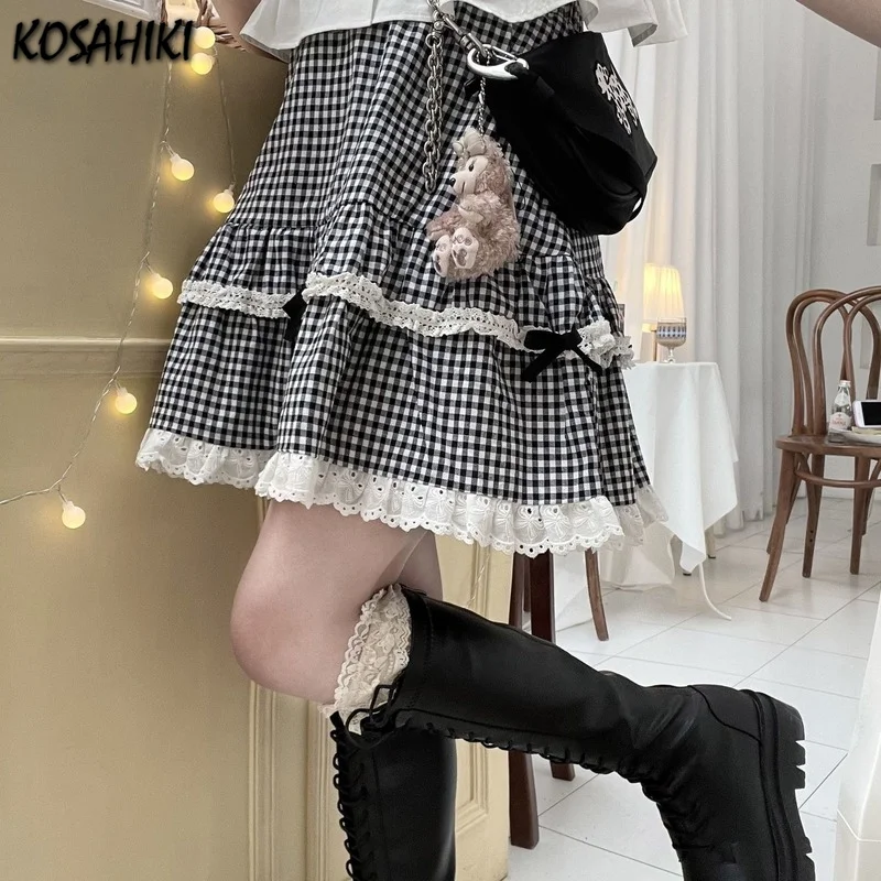 KOSAHIKI Kawaii Skirts Women Summer Plaid Lace Girl High Waist Ball Gown Elegant Japanese Style All-match Cute Mini Fashion Jupe