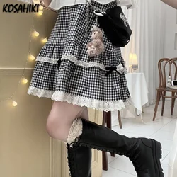 KOSAHIKI Kawaii Skirts Women Summer Plaid Lace Girl High Waist Ball Gown Elegant Japanese Style All-match Cute Mini Fashion Jupe