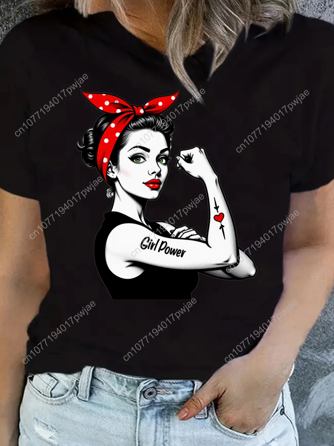 

Women'S Graphic T-Shirt - Retro " Power" Design with Red Bandana & Tattooed Woman, Casual Short Sleeve Crew Neck, Medium Stretch