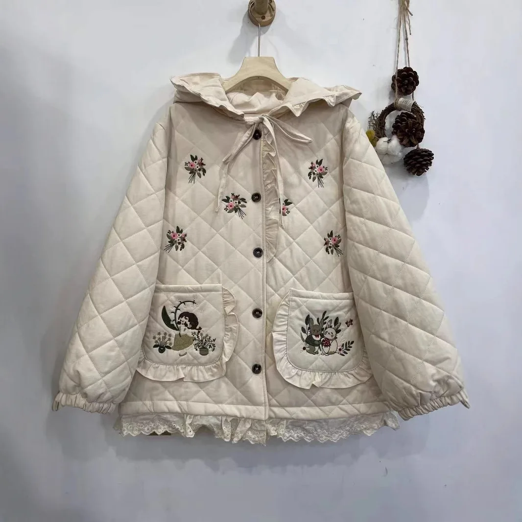 Cappotti con cappuccio imbottiti in cotone con ricamo floreale dolce ragazza giapponese Mori Donna Inverno Kawaii Patchwork di pizzo Addensare giacche Capispalla