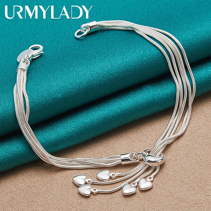 

URMYLADY Hot Top 925 Sterling Silver Heart Five Snake Chain Bracelet For Women Wedding Party High Quality Gift Fashion Jewelry