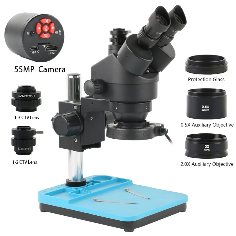 3.5X-90X Simul-Focal Eakins Stereo Trinocular Microscope 4k Camera 55MP HDMI Type-c PC TF Output 1-2 1-3 CTV Adapter Barlow Lens