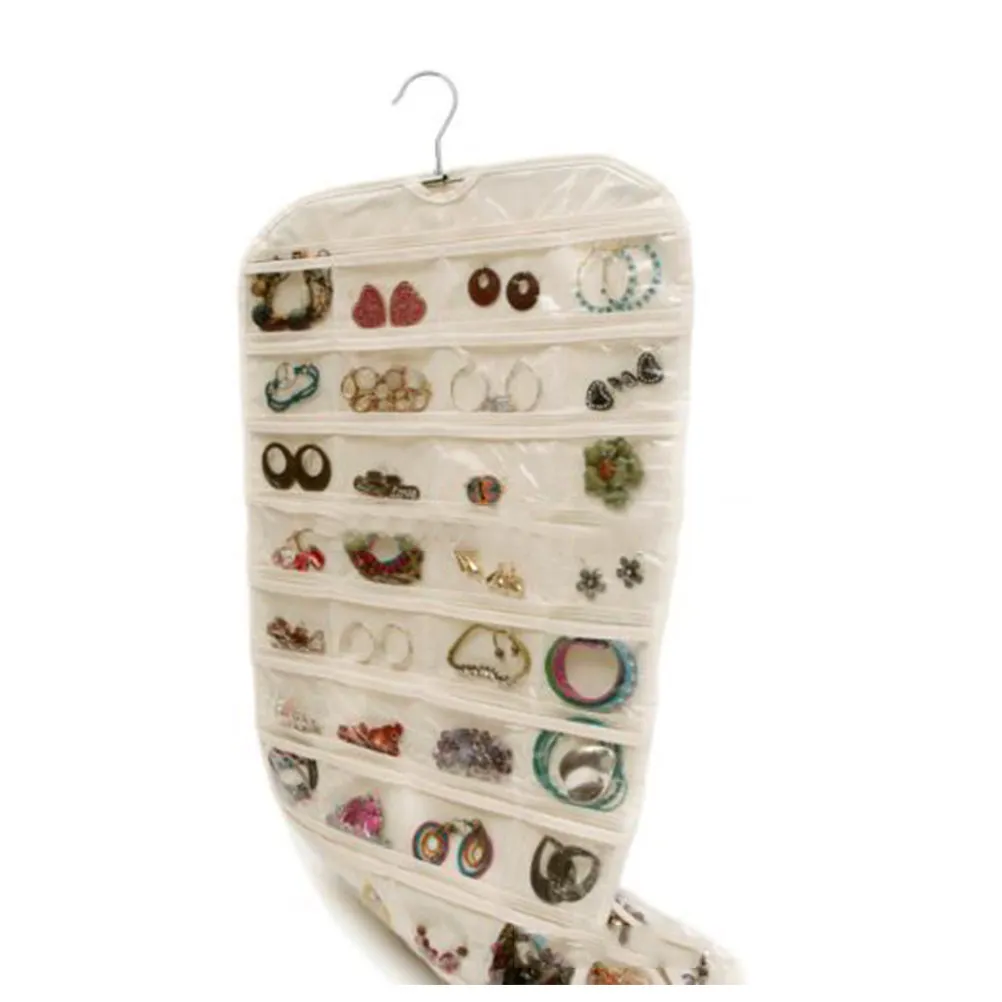 Jewelry Hanging Bag Organizer Double-Sided Closet Wall Holder 80 Pockets Transparent PVC Metal Hanger Jewelry Storage Solution