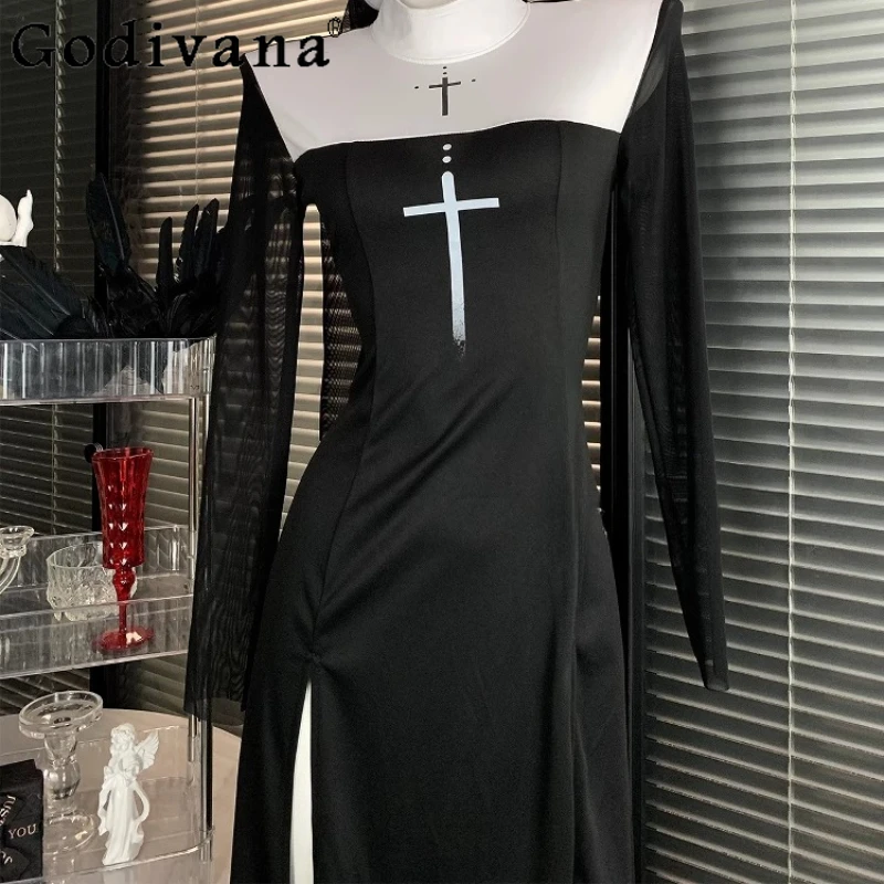 Puro escuro goth cosplay vestido feminino sexy alta divisão manga longa vestido de halloween feminino role play carnaval vestido de festa