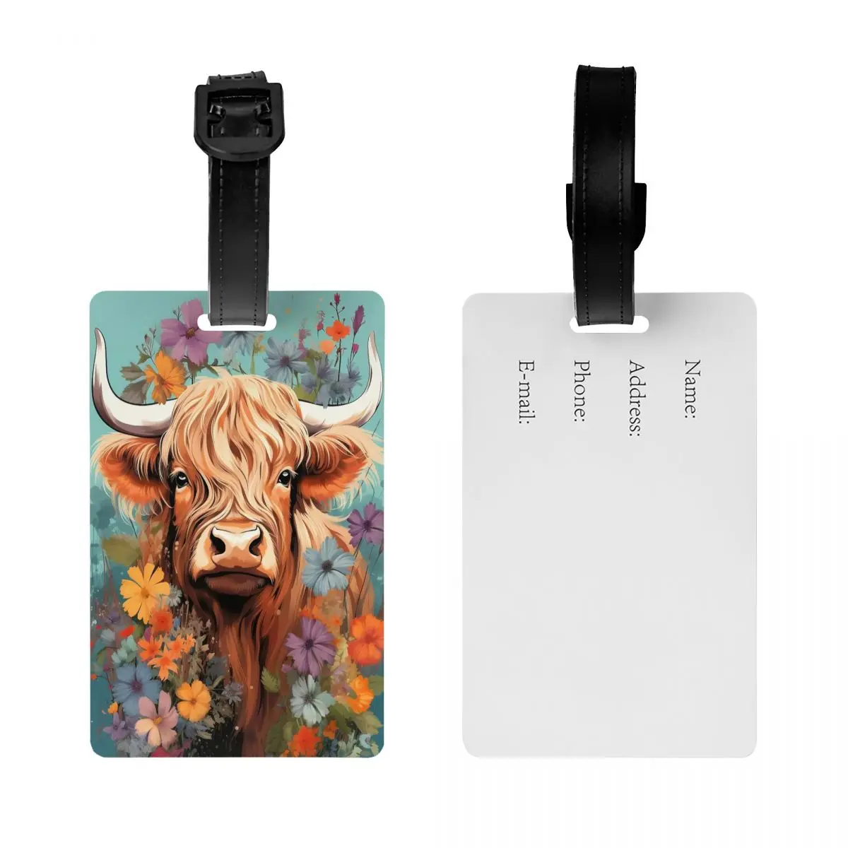 Custom Highland Cow And Floral Luggage Tag With Name Card Privacy Cover ID Label for Travel Bag Suitcase