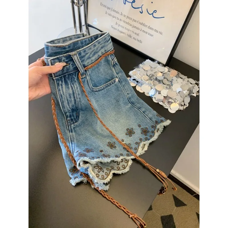 National Style Embroidery Tassels Retro Light Blue A-line Denim Shorts Women's Summer Thin Small Pants New Exquisite Casual