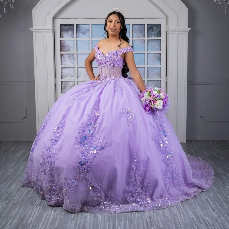 Purple Quinceanera Dresses off-shoulder Glitter 3D Flower Decal Long tail Tull Layering Bow Vestido De 15 Quinceanera Customize