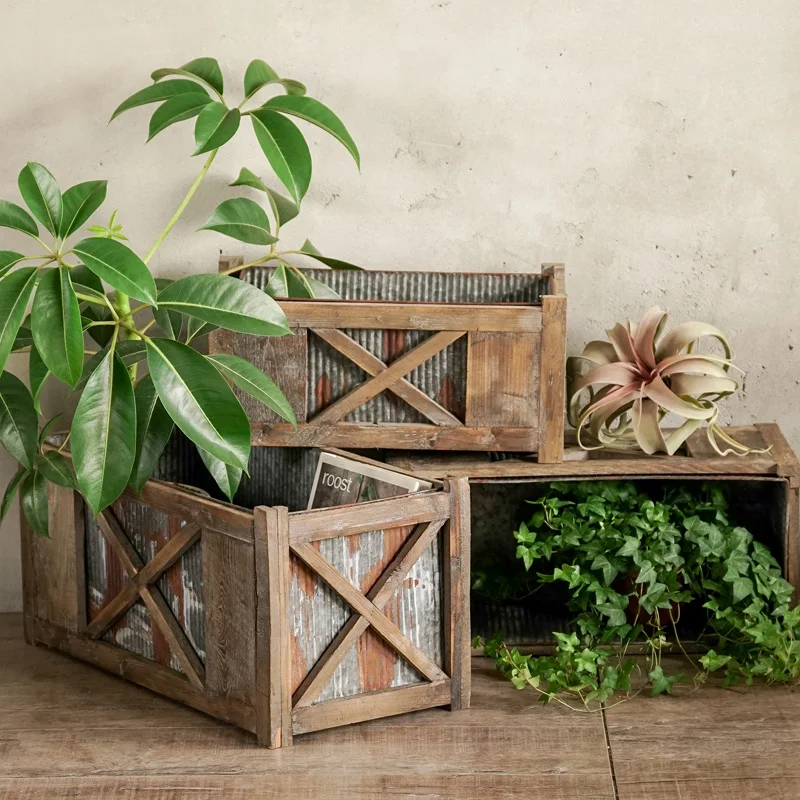 Rusty wrought iron solid wood flower box with vegetable growing frame American retro flower pot decoration for old garden