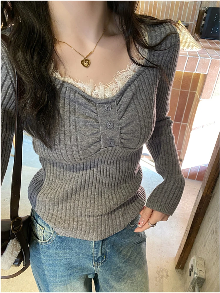 Kemeja Dasar Rajutan Tambal Sulam Renda Gaya Korea untuk Wanita Pakaian Sweter Bottoming Kasual Ramping Lengan Panjang Musim Gugur