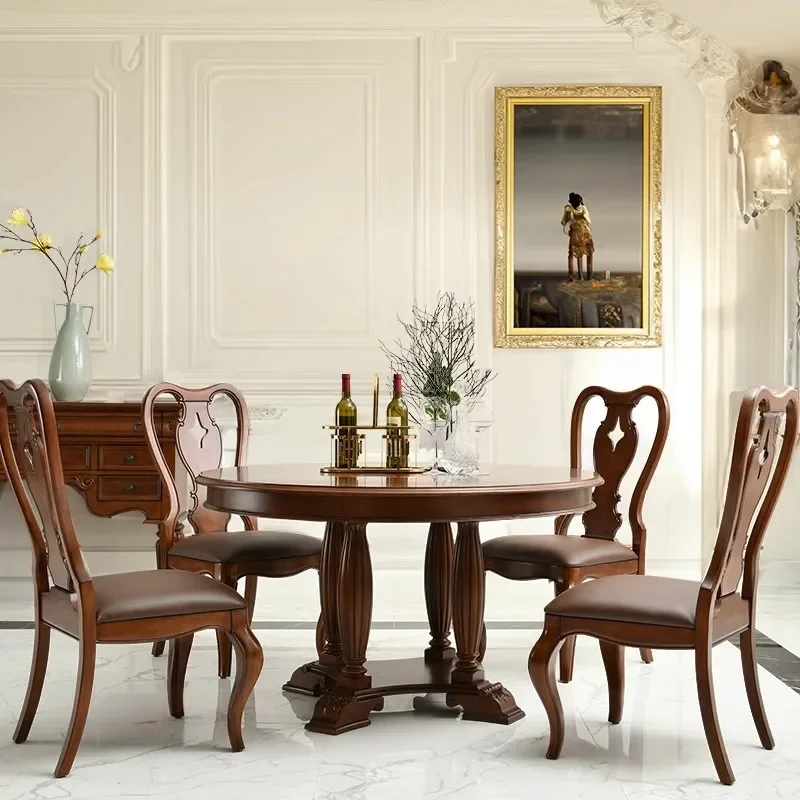 French rural retro old solid wood round dining table combination small apartment Nordic simple cherry wood living room