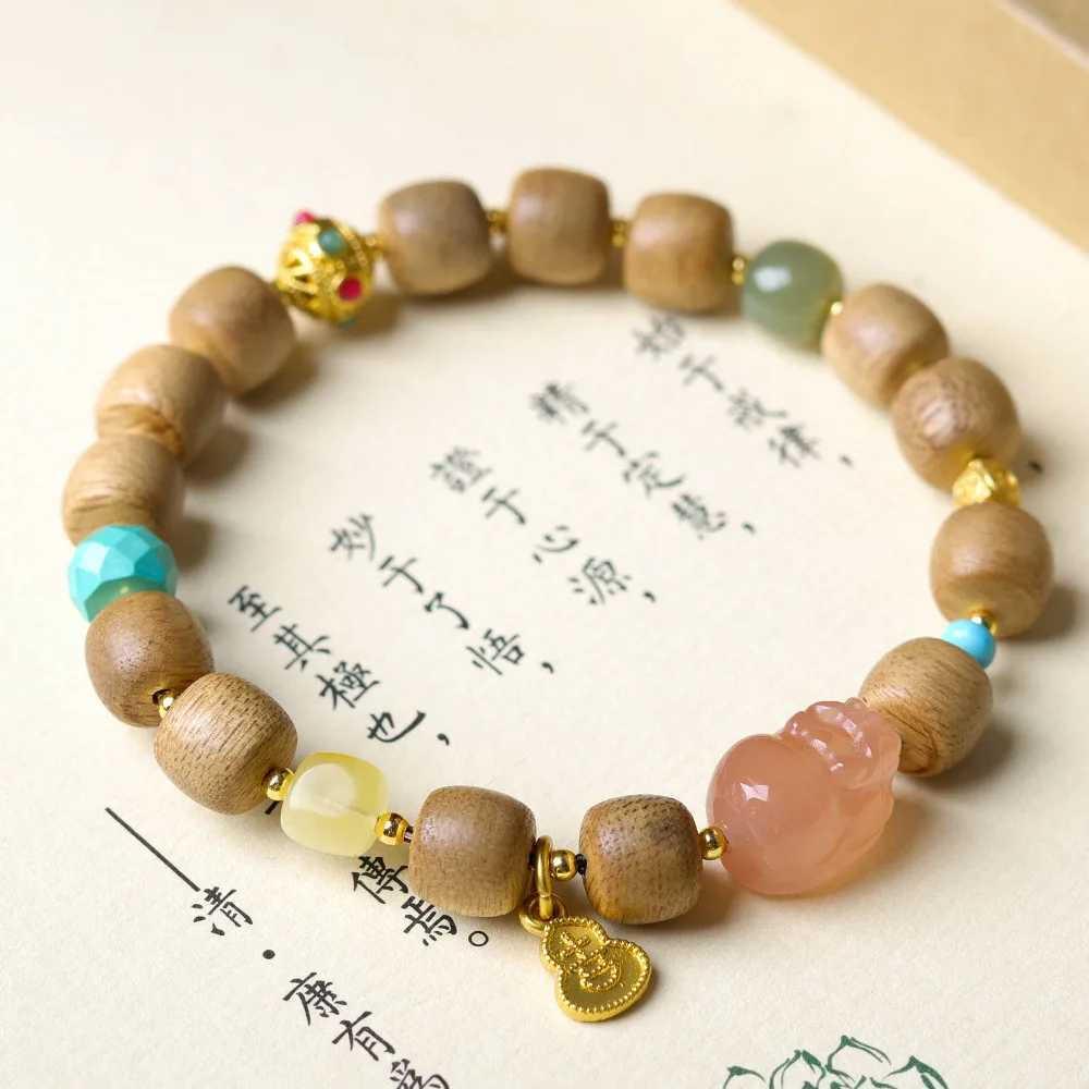 Handcrafted Aquilaria Agarwood Barrel Bead Bracelet with Yanyuan Agate Amber Jasper Chinese Style Bracelet Gifts