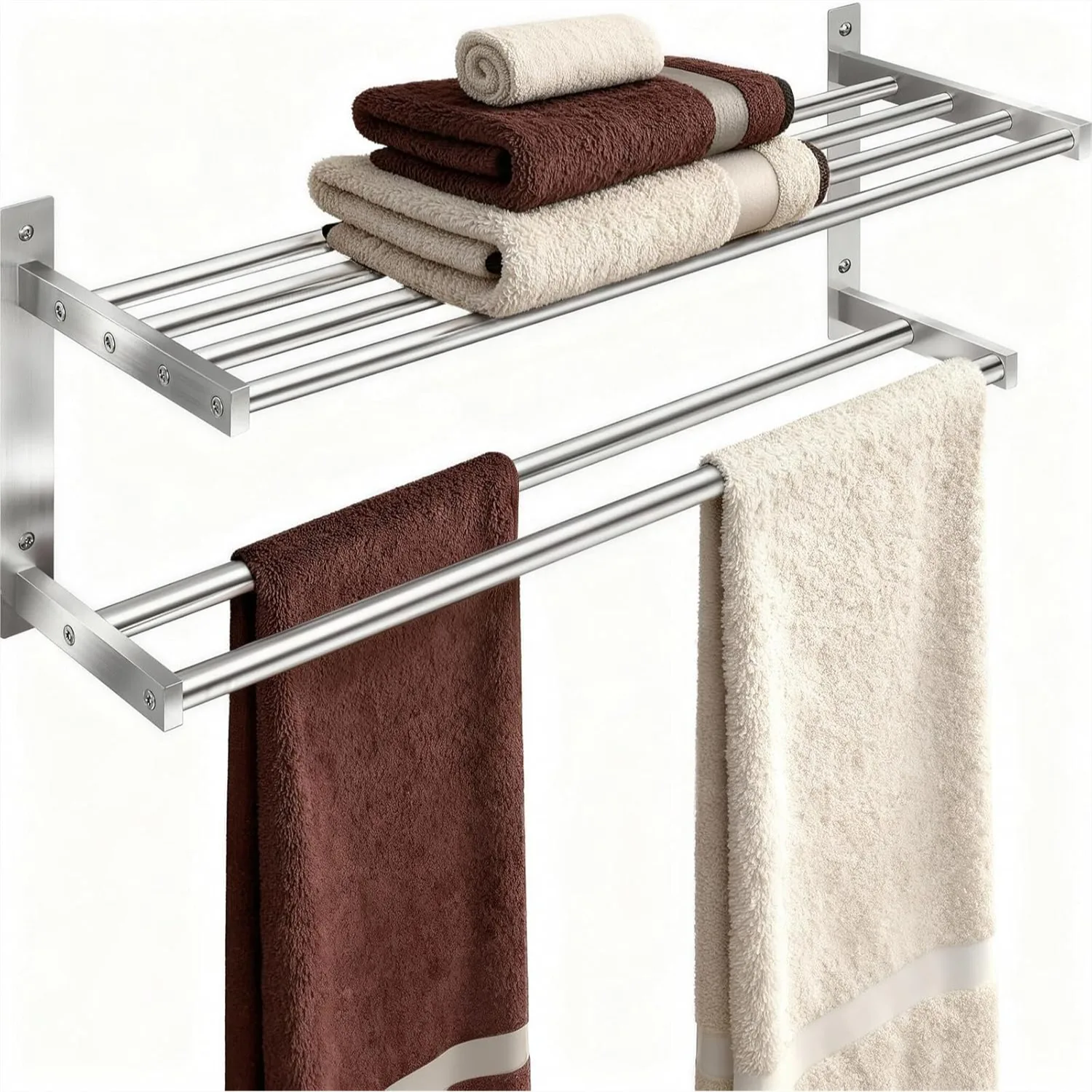 

Stainless Steel Towel Rack with Shelf, 24 Inch Double Bar Bathroom Storage Organizer in Brushed Nickel for Space-Saving