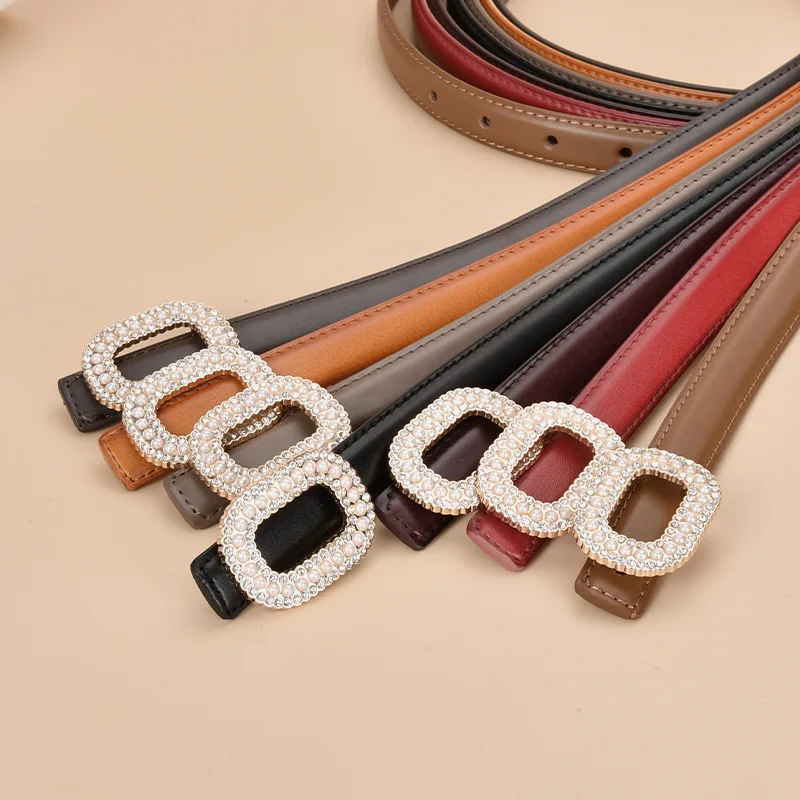 1.8CM New women's decorative belt pearl rhinestone round buckle versatile women's genuine leather glossy buckle belt