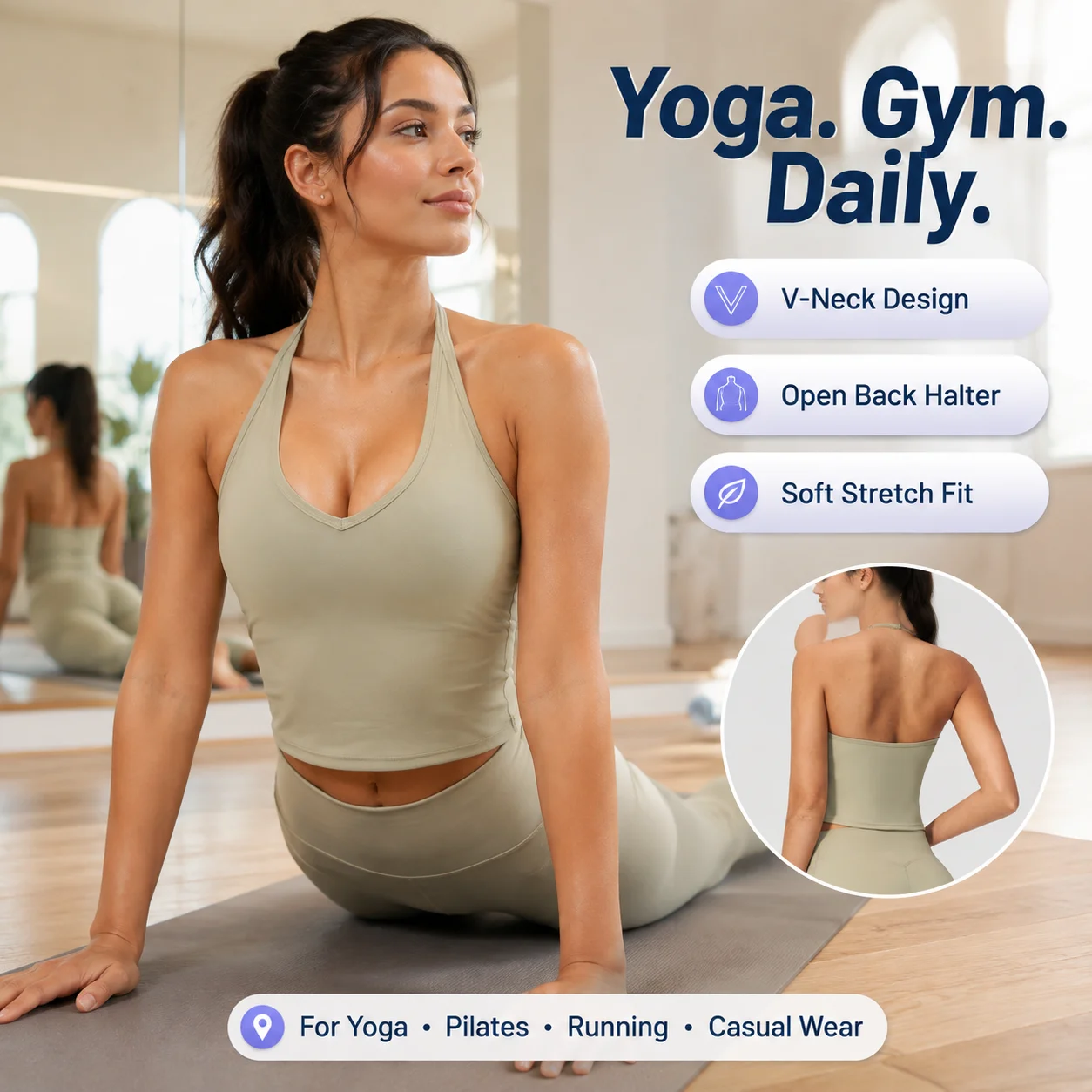 Women's Halter Neck Sports Bra Tank Top 4-Way Stretch Brushed Nylon Workout Crop Top V-Neck Yoga Vest with Adjustable Straps 8 C