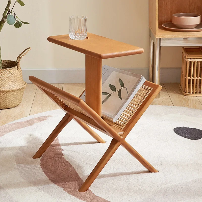 Japanese retro solid wood rattan magazine storage rack, medieval sofa side cabinet, small tea table side table