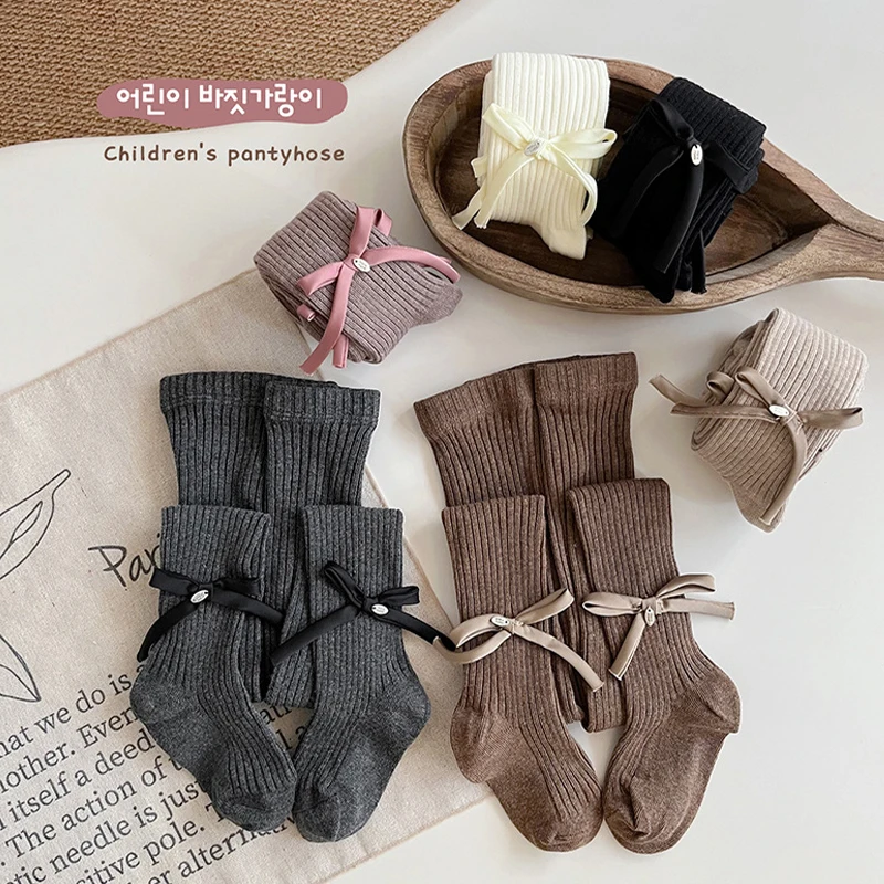 Autumn Grils Leggings Bow Knitted Baby Pantyhose For Girls Solid Color Children Bottom Toddler Kid Girl Ribbed Stockings
