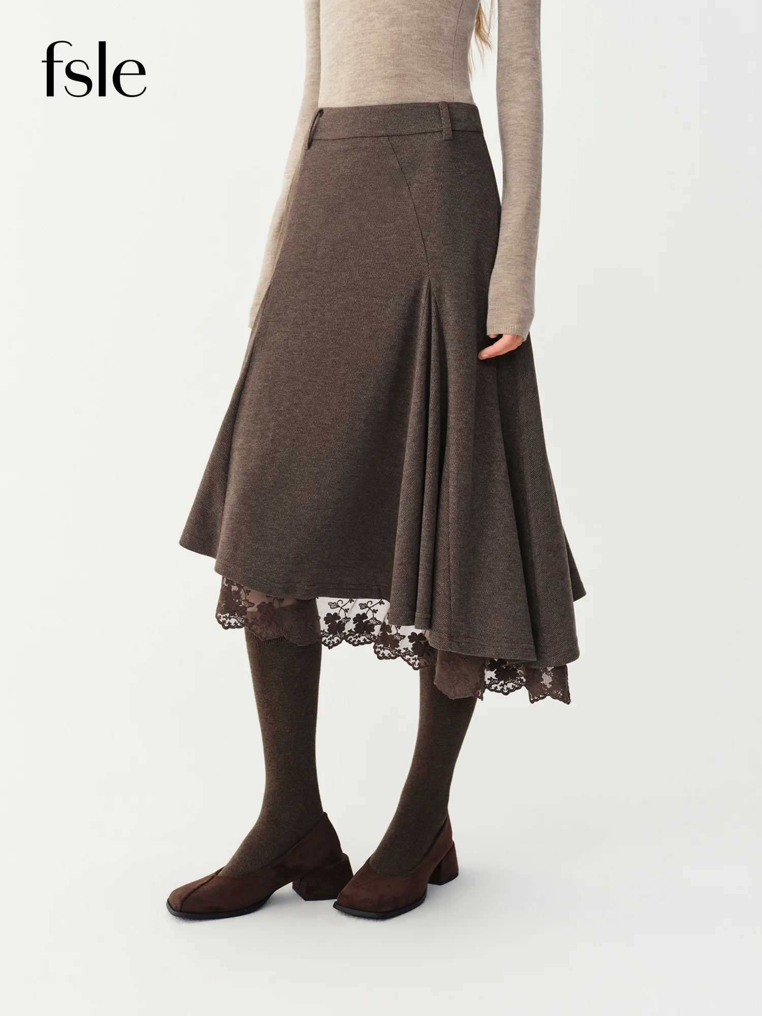 FSLE 2026 Winter Women's Vintage-Inspired Elegant Lace Panel Asymmetric Hem Midi Skirt - Chic Flattering for Everyday Wear