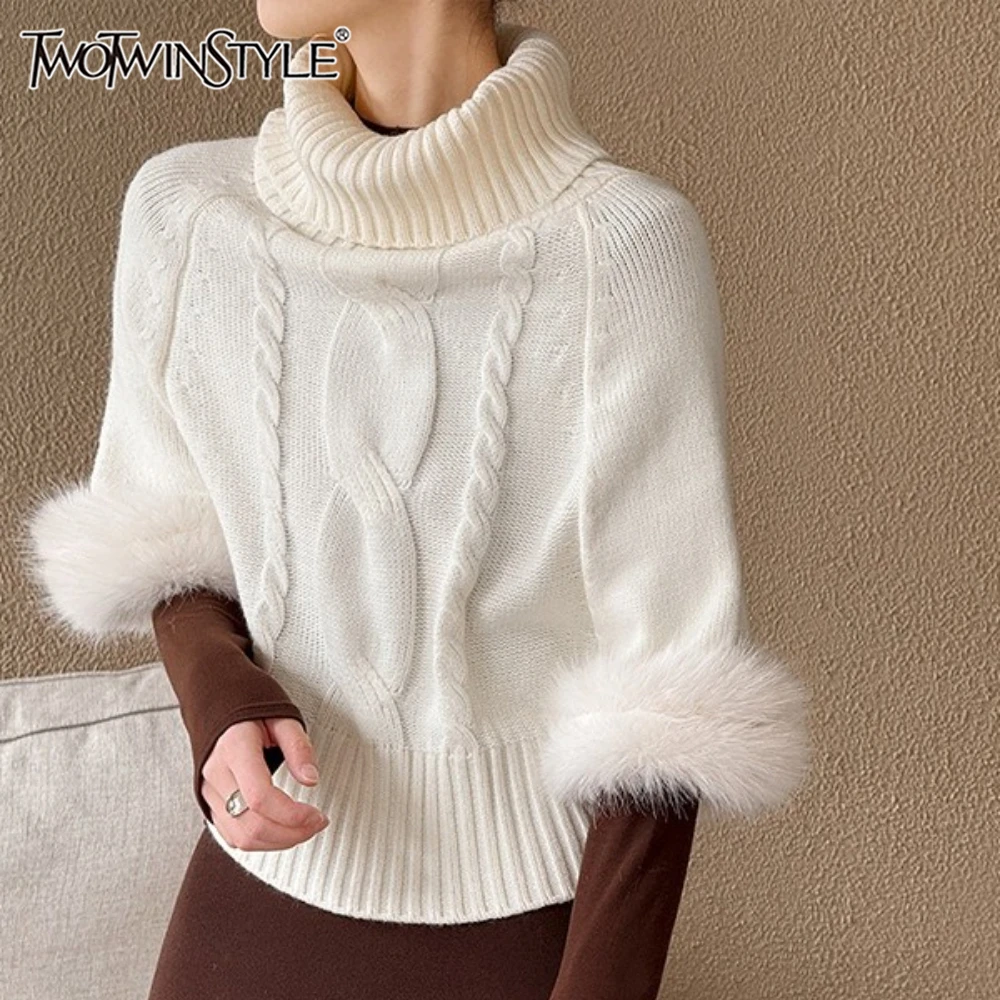

TWOTWINSTYLE Solid Spliced Fur Chic Sweater Female Turtleneck Half Sleeve Loose Korean Basics Women's Sweaters Autumn Fashion