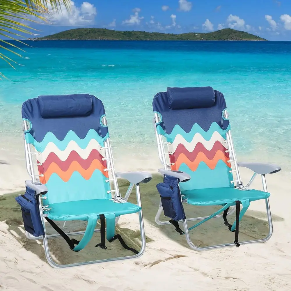 Conjunto de Silla de Playa Tipo Mochila o 2, Posición Clásica Ajustable en 4 Niveles, Almohada y Correas Acolchadas para Hombros, Bolsa de Almacenamiento y Barra para Toallas, Soporte