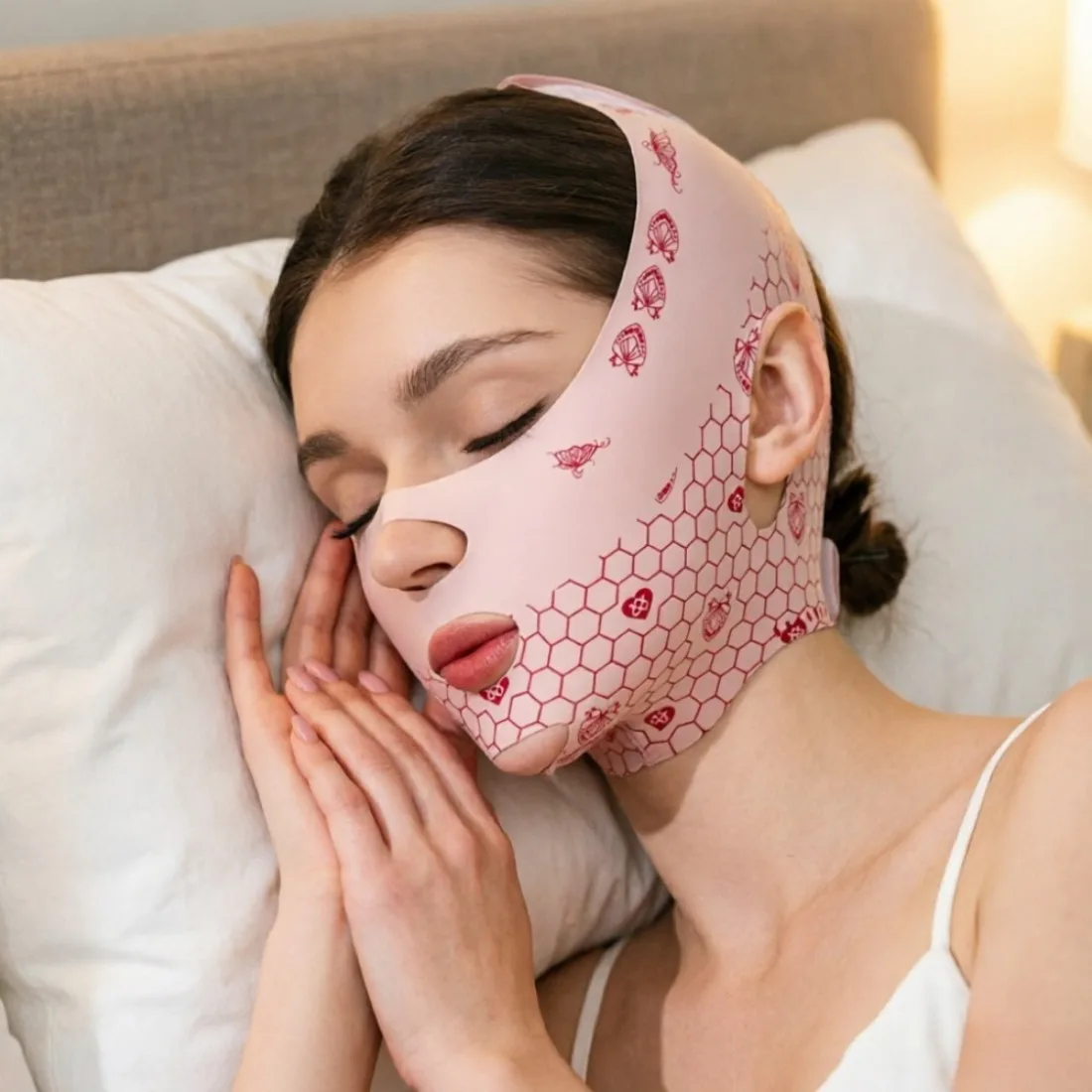 Full-Face V-Shaped Contouring Mask with Straps, Cooling Technology, for Day & Night Use, Unisex Face Lifting & Slimming Bandage