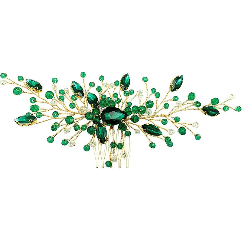 SLBRIDAL Handmade Green Color Rhinestones Crystal Bridal Headband Hair Comb Wedding Hair accessories Women Girls Hair Jewelry