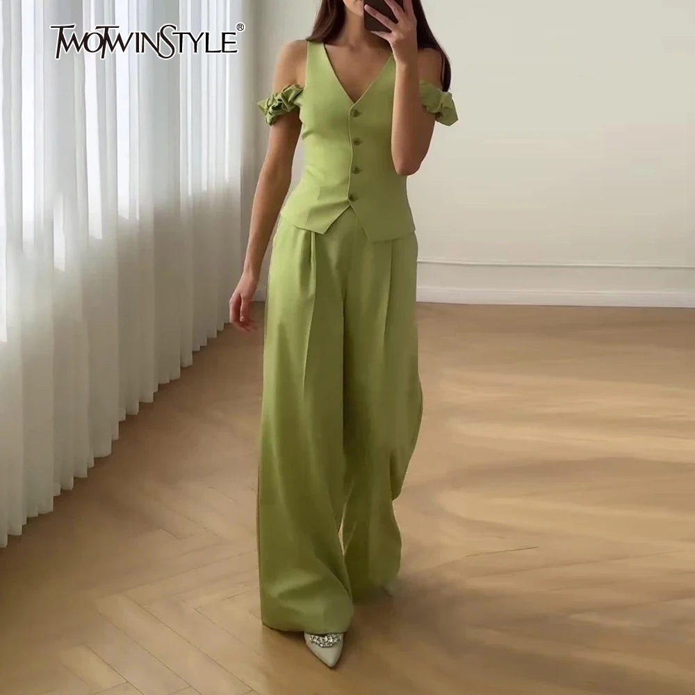 

TWOTWINSTYLE однотонный лоскутный 3D цветочный повседневный комплект из двух предметов для женщин, жилет с открытыми плечами, широкие брюки, темпераментные комплекты, женские новые
