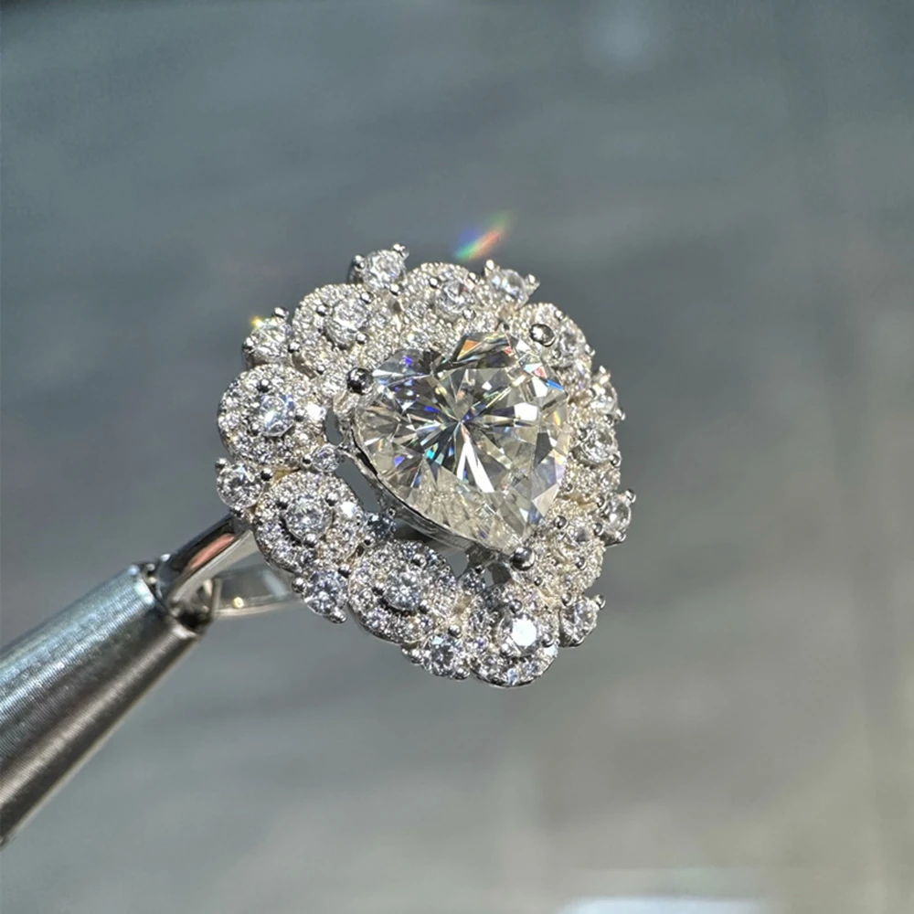 Vinregem 3EX VVS1 D Color 10*10 MM Heart Cut Real Moissanite Diamond Cocktail Party Women Ring 925 Sterling Silver Fine Jewelry