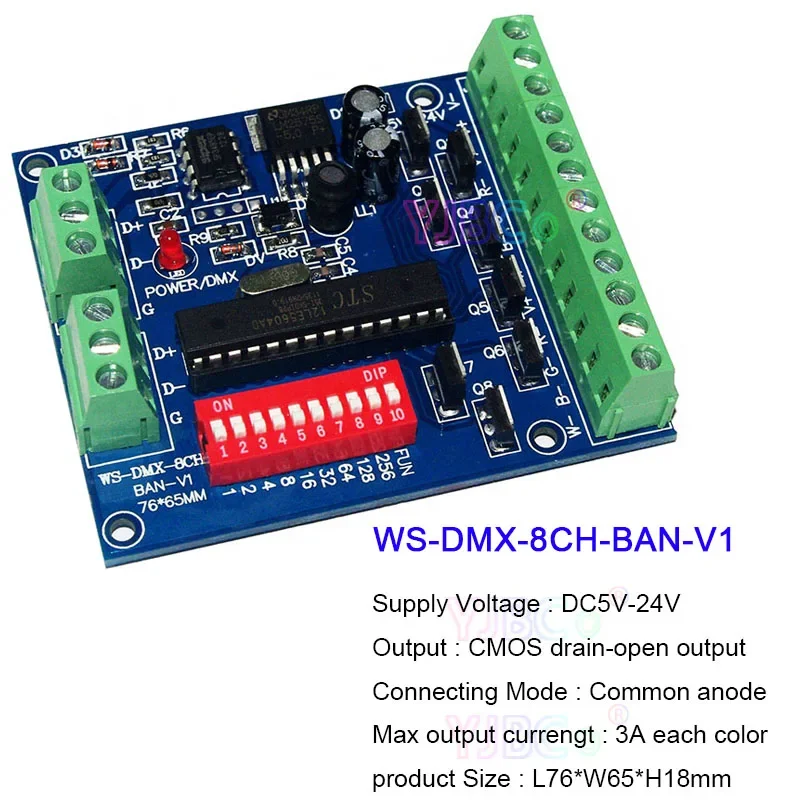 8CH DMX Controller Board 2 Groups 5V 12V 24V 8 Channels DMX512 Decoder RGBW LED Strip Light Tape Module Dimmer WS-DMX-8CH-BAN-V1