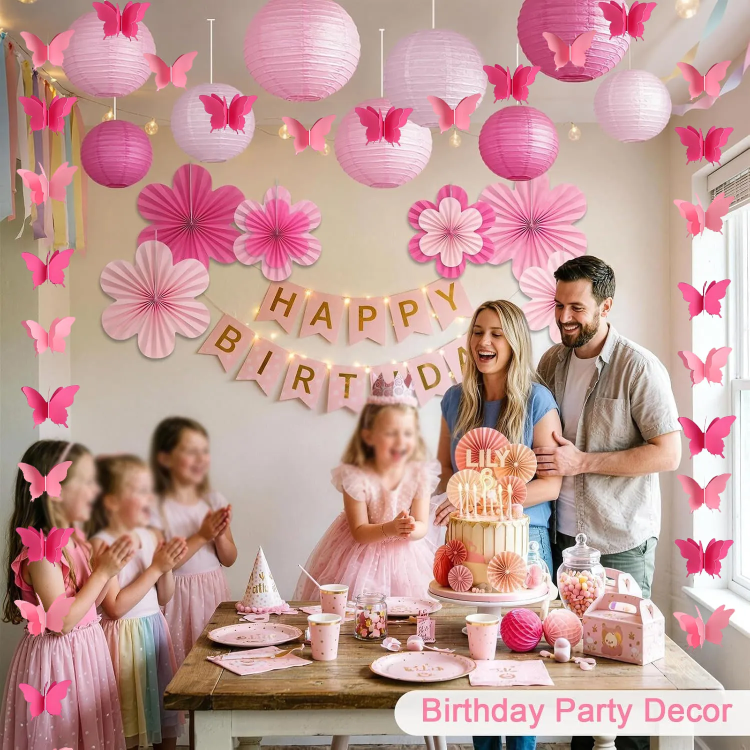 Pink Party Decorations, 13-Piece Hot Pink Paper Lanterns and Flower Fan Set, 8