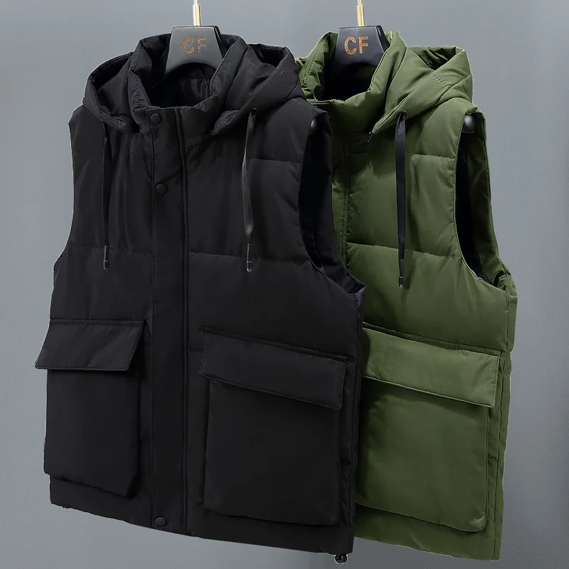 

Plus Size L-8XL Men's Winter Sleeveles Jackets Hooded 2023 New Brand Thick Warm Cotton Padded Vests Coat with Big Pockets