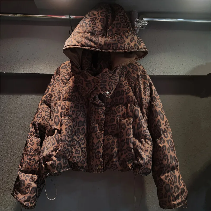 DEAT Women\'s Coat Cotton-padded Leopard Printed Brown Hooded Drawstring Thick Warm Jackets 2024 Winter New Fashion 29L8922