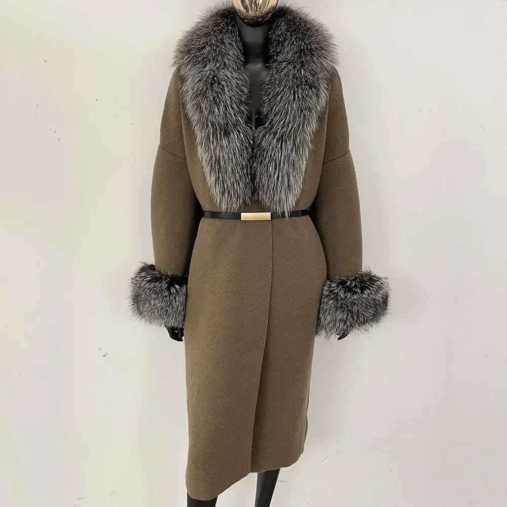 Real Fox Fur Jacket Long Knitwear Coat Female 2025 Autumn Cardigan Fashion New Autumn Women Warm Belt Natural Fur Coat Women
