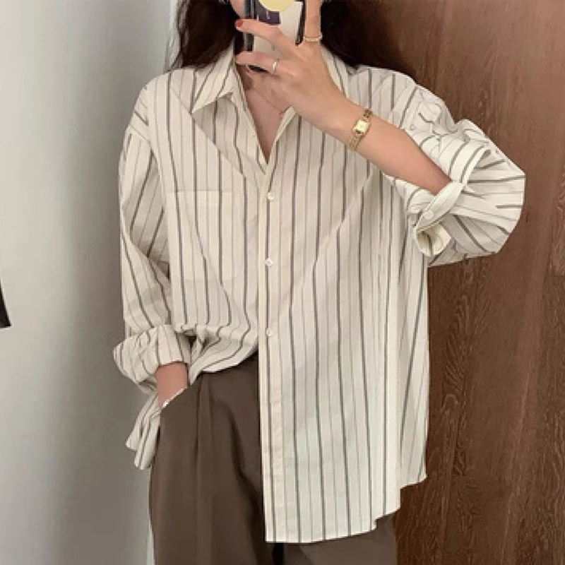 

GELITAYIN Summer New Long Sleeve Casual Stripe Shirt For Women Clothing Elegant Loose Women Blouse Button Up Simple Office Lady