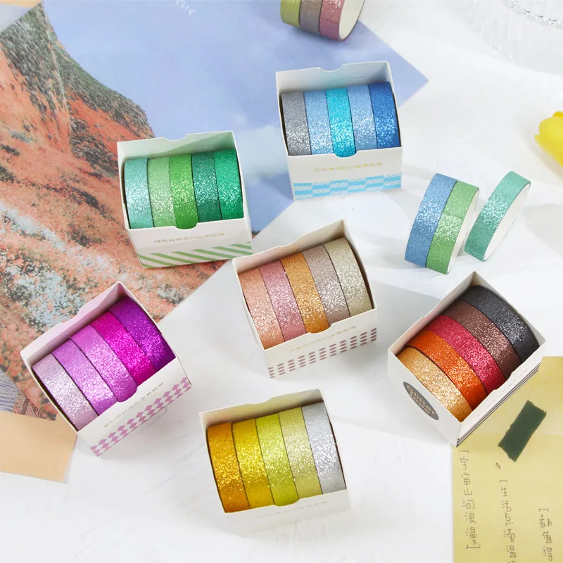 

5 Rolls Tape Flash Powder and Paper Tape DIY Hand Ledger Tape Sticker Album Decoration Washi Tape Kawaii