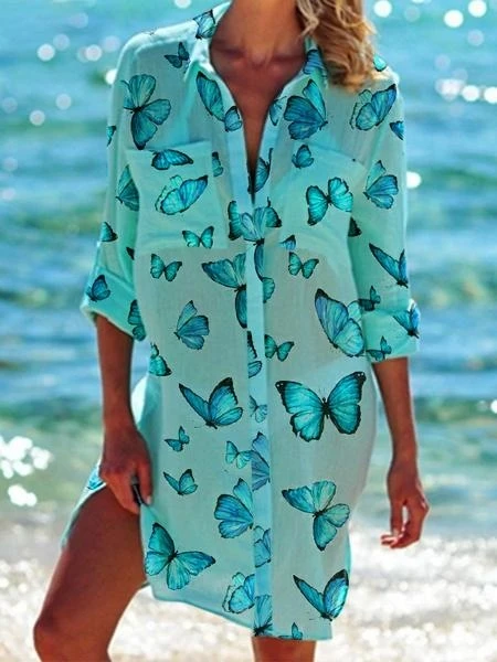 Estate nuova farfalla stampata in 3D camicia da donna hawaiana vestito da spiaggia da donna Sexy camicia cappotto camicia a maniche lunghe Maxi