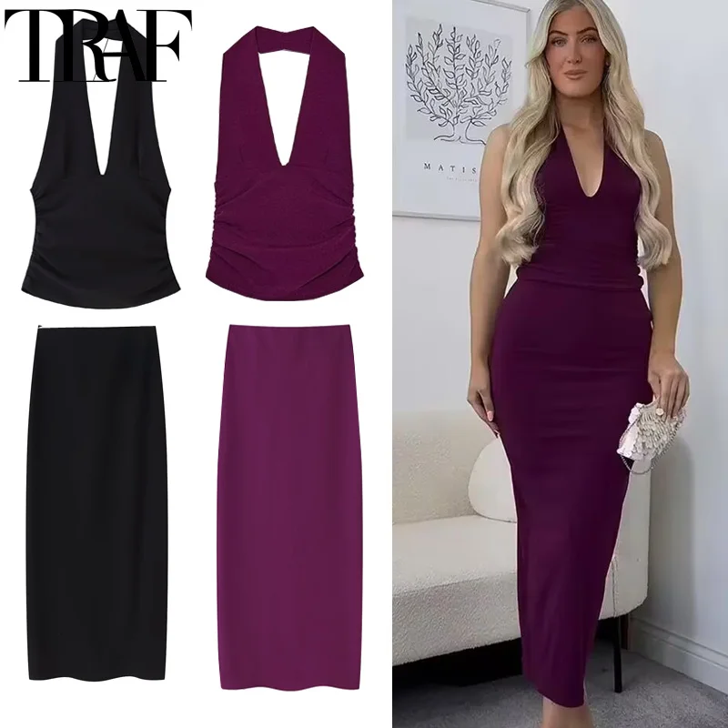 

TRAF Skirt Set 2 Piece Woman Halter Short Tops Summer Women's Suit Long Skirt Outfit Ruched Pencil Skirt And Top Two Piece Set
